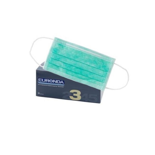 Маски медицинские лицевые защитные Monoart®, защита 3, 3-х слойные (50 шт.), зеленые Euronda
