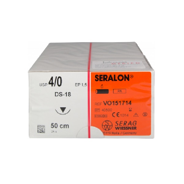 Шовный материал VO151714 Seralon/Nylon 4/0, 1x0,5m, голубой, игла DS18, 3/8, об.режущая 24 шт.