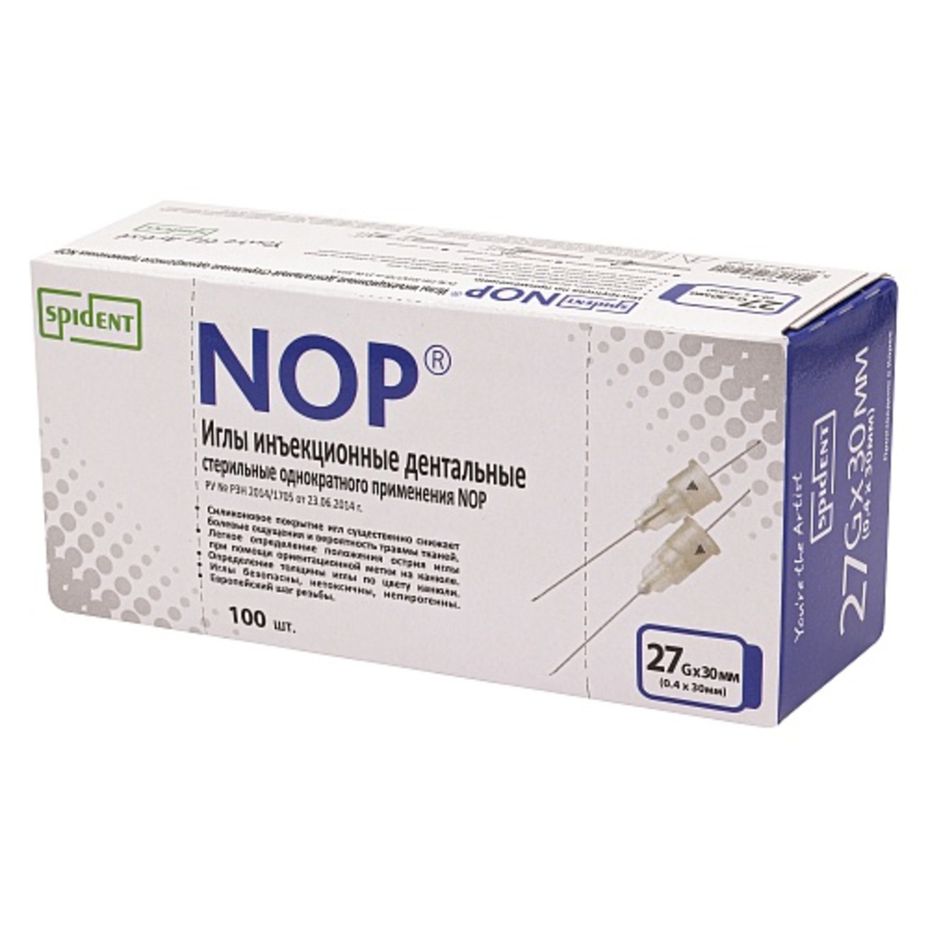 Иглы карпульные инъекционные дентальные / NOP 27G 30 мм (100шт.) Spident