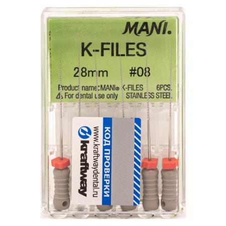 К-файлы 28 мм № 08 - эндодонтические файлы (6 шт), "Mani"