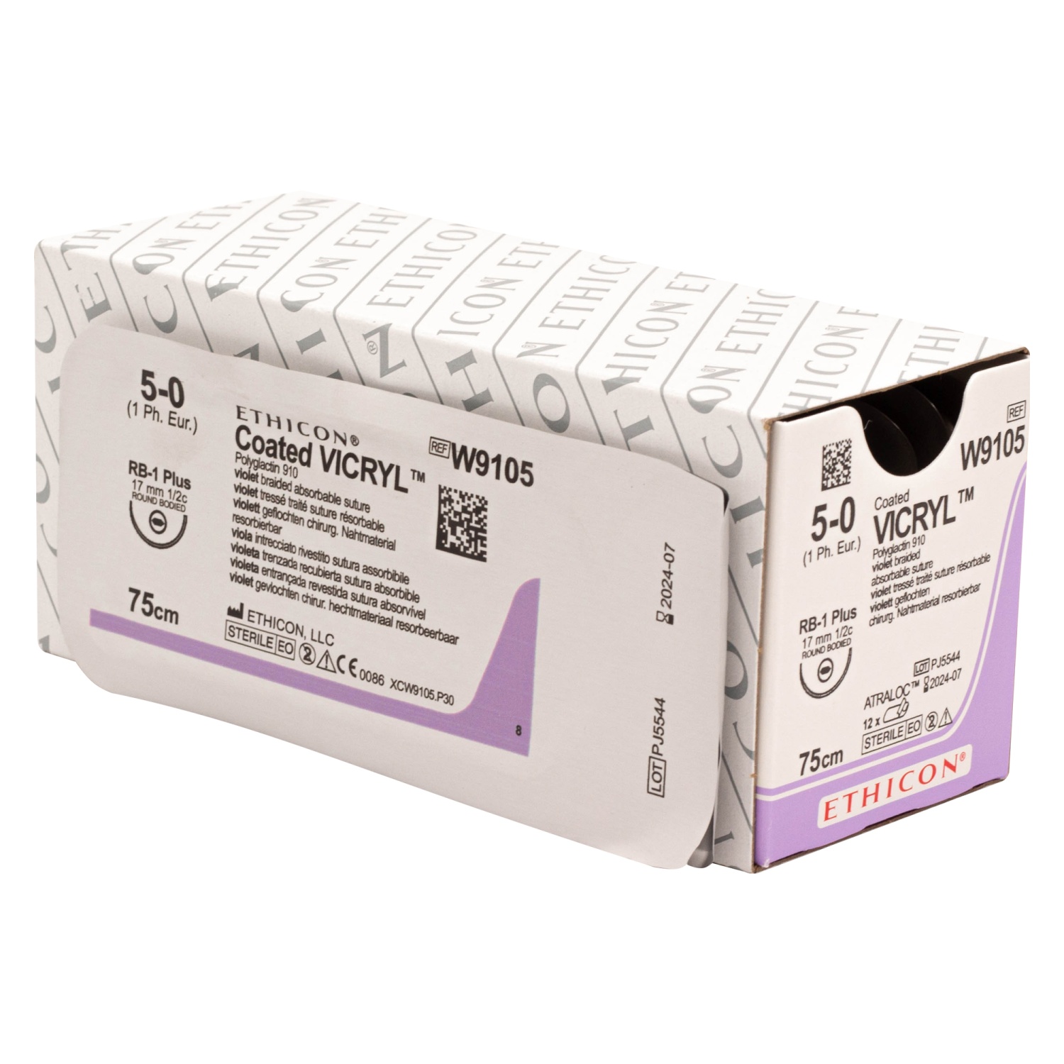 Шовный материал рассасывающийся Викрил фиолетовый USP 5/0 75 см RB-1 Plus игла 1/2 колющ 17 мм W9105