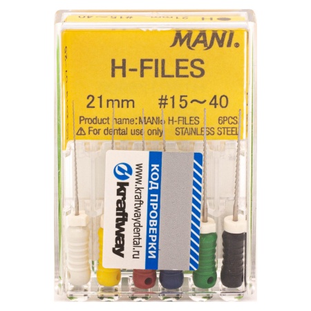 Н-файлы 21 мм № 15-40 - эндодонтические файлы (6 шт), "Mani"